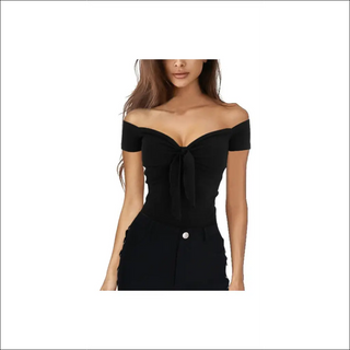 Elegant off-the-shoulder black top with a flattering neckline, showcasing the model's stylish fashion sense.