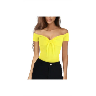 Vibrant yellow off-the-shoulder top with knot detail, worn by a young woman with long, dark hair