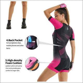 Stylish sportswear with back pocket, high-density foam cushion, and vibrant pink and black color scheme.