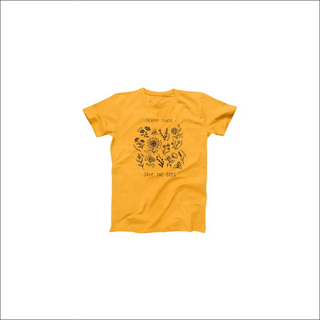 Vibrant yellow t-shirt featuring a nature-inspired graphic design with various plant icons and the text "Plant These Save the Bees". The product appears to be a casual, trendy t-shirt focused on promoting environmental awareness and conservation.