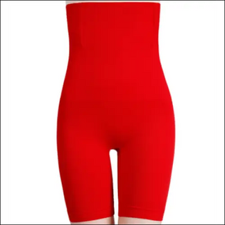 Red high-waisted shapewear shorts with slimming and body-shaping design.