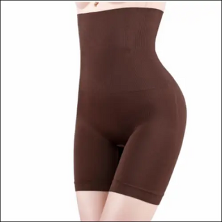 Sleek brown high-waist shapewear shorts with adjustable waistband for smooth, slimming silhouette.