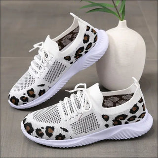 White Shoes Women Leopard Print Lace-up Sneakers Sports -