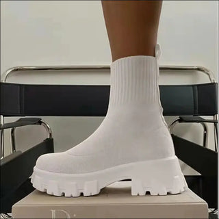 Women Sock Boots Platform Chunky Heels Shoes - White