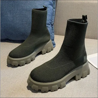 Women Sock Boots Platform Chunky Heels Shoes - Army green