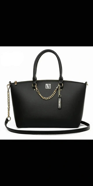 Sophisticated K-AROLE™️ Designer Shoulder Bag - Sleek black leather handbag with gold-tone hardware, detachable chain strap, and elegant V logo detail.