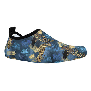 Modern tropical print water shoes with a blue, gold, and black pattern featuring leopard, palm leaves, and abstract designs. The shoes have a slip-on style and flexible, non-slip soles suitable for water sports activities.