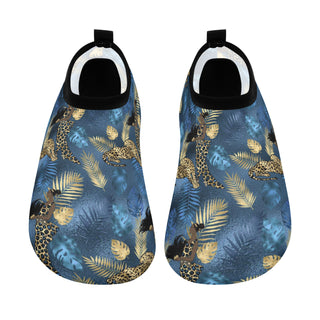 Tropical print water sports skin shoes with palm leaves and leopard patterns in shades of blue and gold.