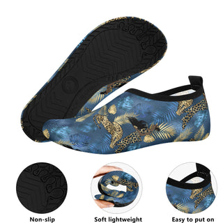Blue and gold floral patterned men's water sports skin shoes with a non-slip, soft lightweight, and easy-to-put-on design.