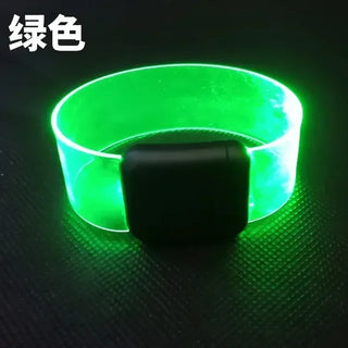 Vibrant green LED light-up bracelet with sound-controlled flashing for safety and party fun.