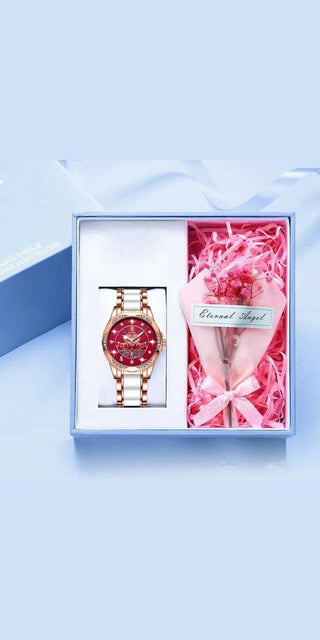 Elegant rose gold watch and red rose in gift box, fashionable women's accessory