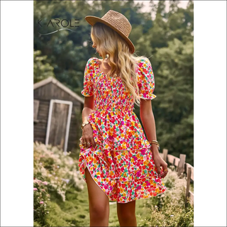Floral Ruffle Summer Dress Short Sleeve Off Shoulder Mini Dress Beach K-AROLE