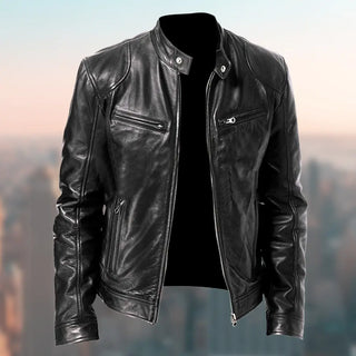 Stylish leather jacket with zipper details and pockets, ideal for a modern gentleman's urban look.