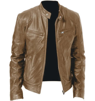 Stylish leather jacket with zipper details and pockets showcased against a plain background. The camel-colored coat features a sleek, modern design, making it a versatile choice for fashion-forward individuals.