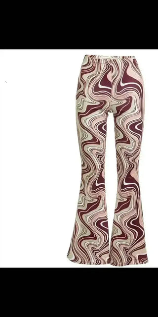 Stylish printed bell-bottom pants from K-AROLE's trendy women's fashion collection. The hypnotic, wavy pattern in shades of pink and burgundy creates a bold, eye-catching look.