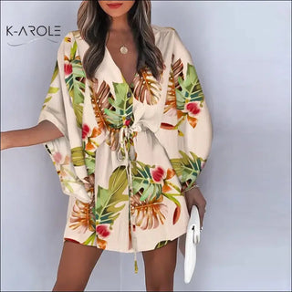 New Summer Women Elegant Dresses k-AROLE Sexy V Neck Lace-up Floral Printed Mini Dress K-AROLE