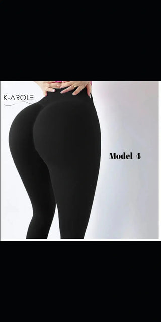Sleek black leggings with seamless design from K-AROLE, showcasing a woman's stylish figure.