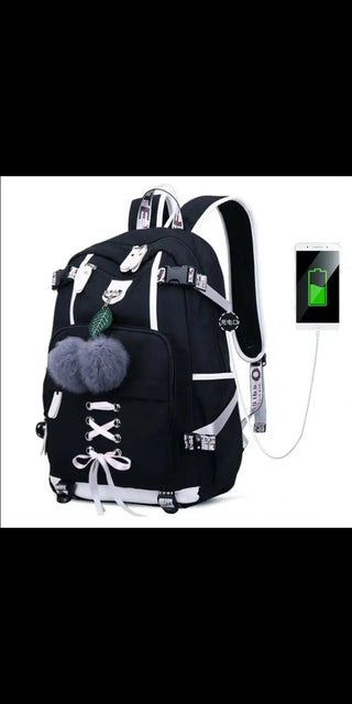Stylish women's backpack with USB charging port and pom-pom accent from K-AROLE fashion brand