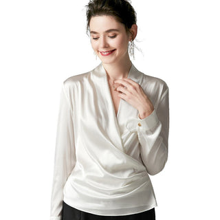 Blusa feminina elegante de seda 100% seda amoreira manga comprida com decote em V