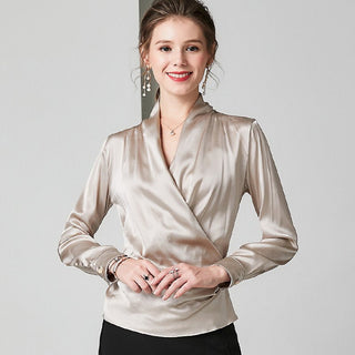 Damska elegancka jedwabna bluzka, 100% jedwabiu morwowego, z długimi rękawami i dekoltem w kształcie litery V